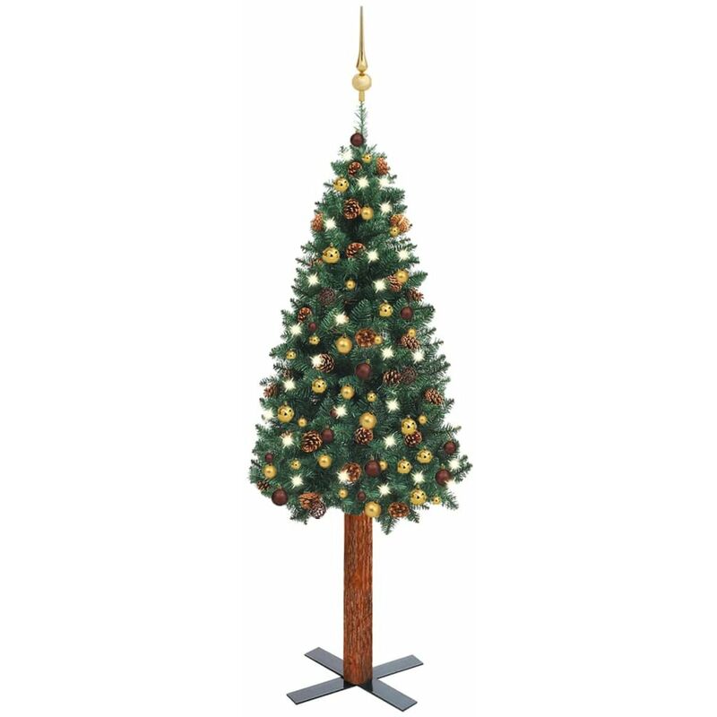 

arbol de Navidad artificial estrecho LED y bolas verde 150 cm