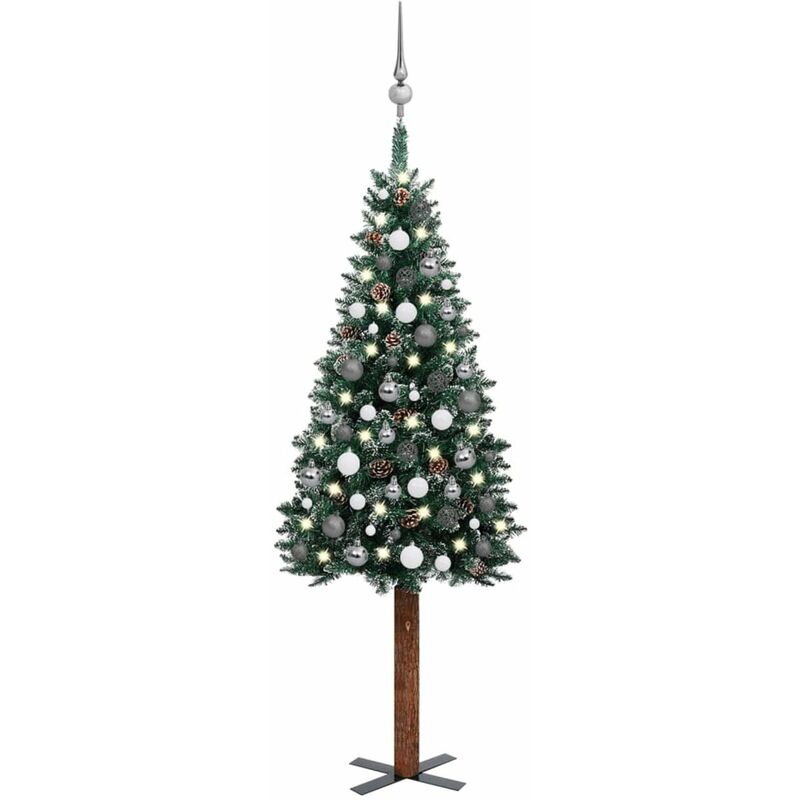 

arbol de Navidad artificial estrecho LED y bolas verde 150 cm