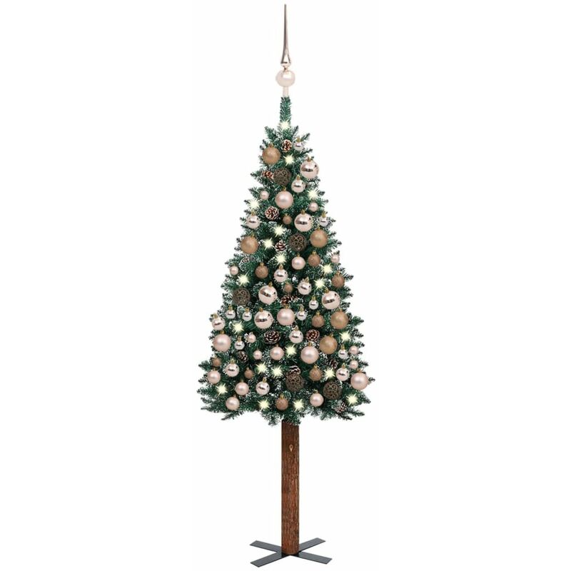 

arbol de Navidad artificial estrecho LED y bolas verde 150 cm