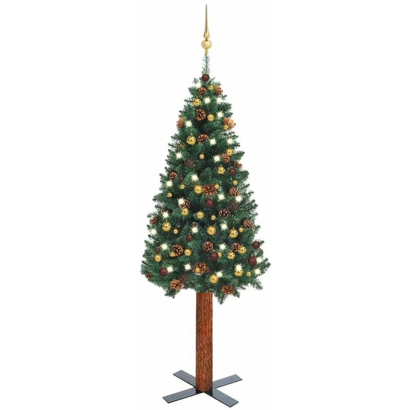 

arbol de Navidad artificial estrecho LED y bolas verde 180 cm