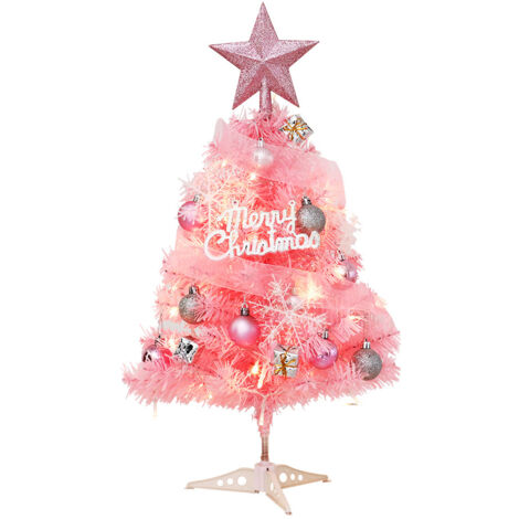 Árbol de Navidad artificial pequeño rosa de 60 cm con luces LED y adornos colgantes