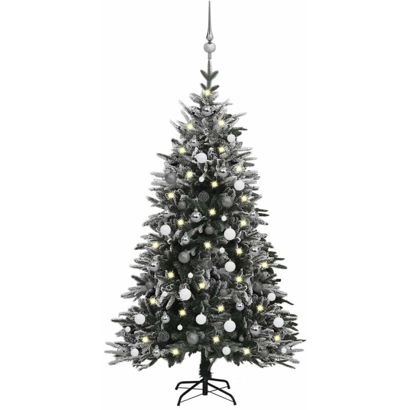 

arbol de Navidad con LED, bolas y nieve flocada 150 cm PVC y PE