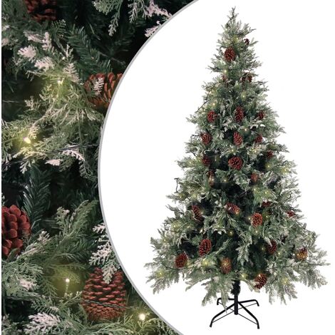 Árbol de Navidad con luces y piñas PVC PE verde y blanco 195 cm vidaXL