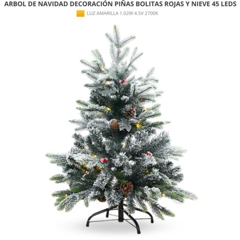 Arbol de Navidad Decorativo con bolitas rojas piñas y nieve 90cm 45leds