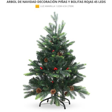 Arbol de Navidad Decorativo con bolitas rojas y piñas 90cm 45leds