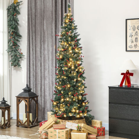 Árbol de Navidad Estrecho 210 cm con Luces LED 8 Modos de Iluminación Ramas con Purpurina Plateada Piñas Bayas Verde
