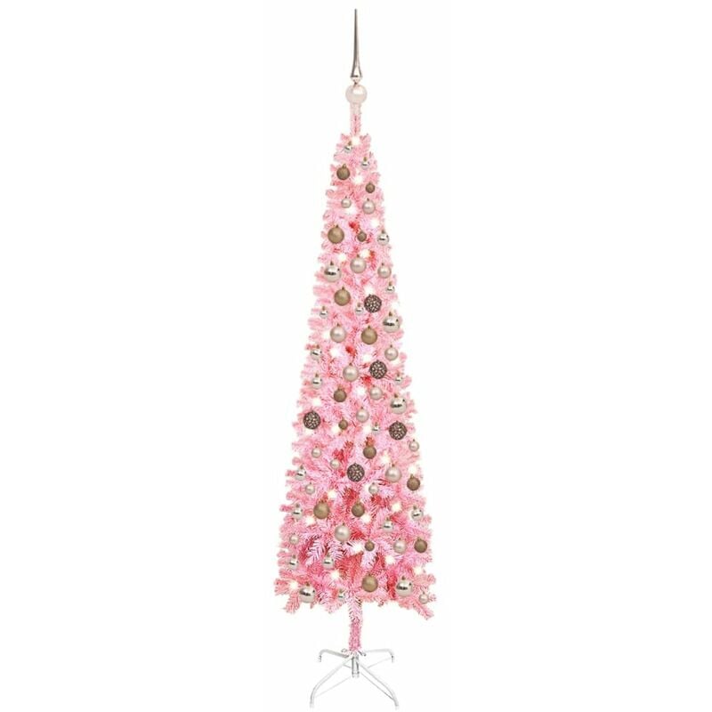 

arbol de Navidad estrecho con LED y bolas rosa 150 cm