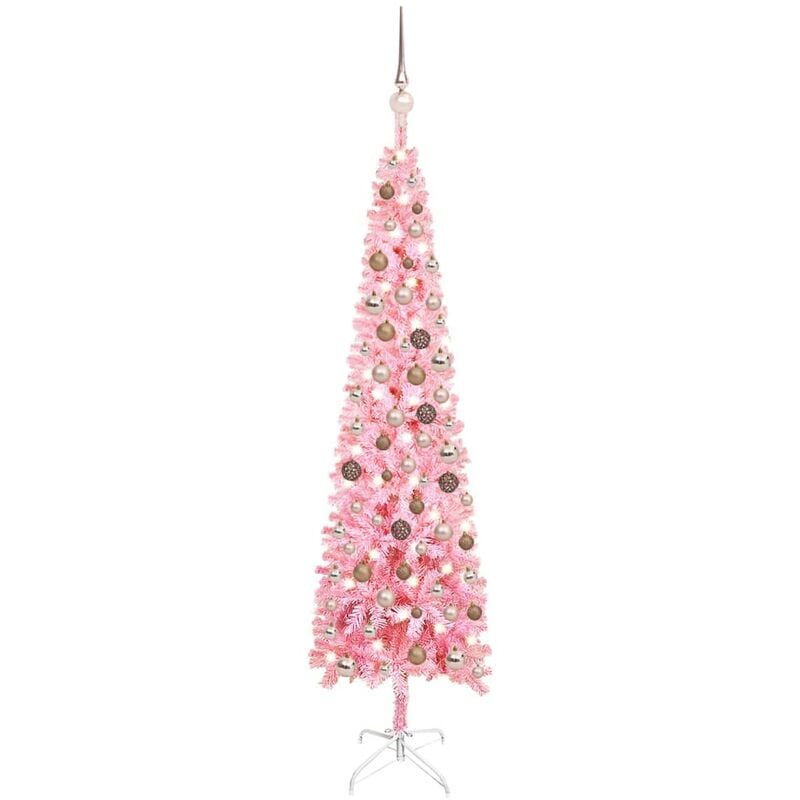 

Árbol de Navidad estrecho con LED y bolas rosa 150 cm