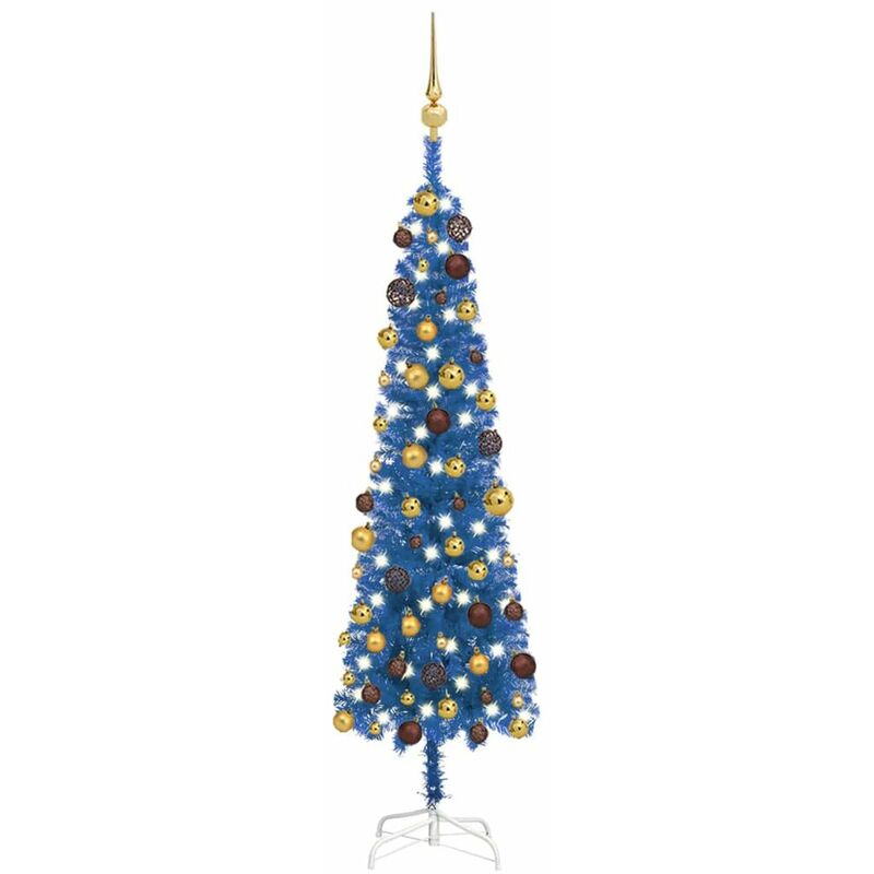 

arbol de Navidad estrecho con LEDs y bolas azul 120 cm