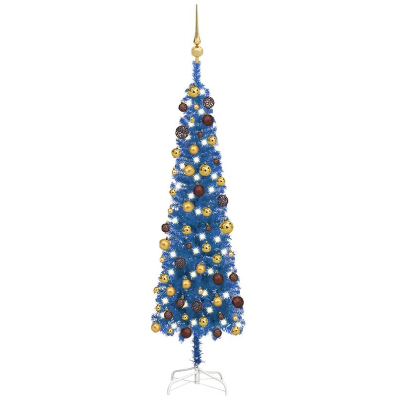 

Árbol de Navidad estrecho con LEDs y bolas azul 120 cm