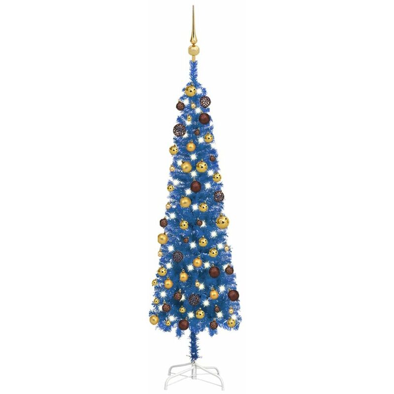 

arbol de Navidad estrecho con LEDs y bolas azul 150 cm