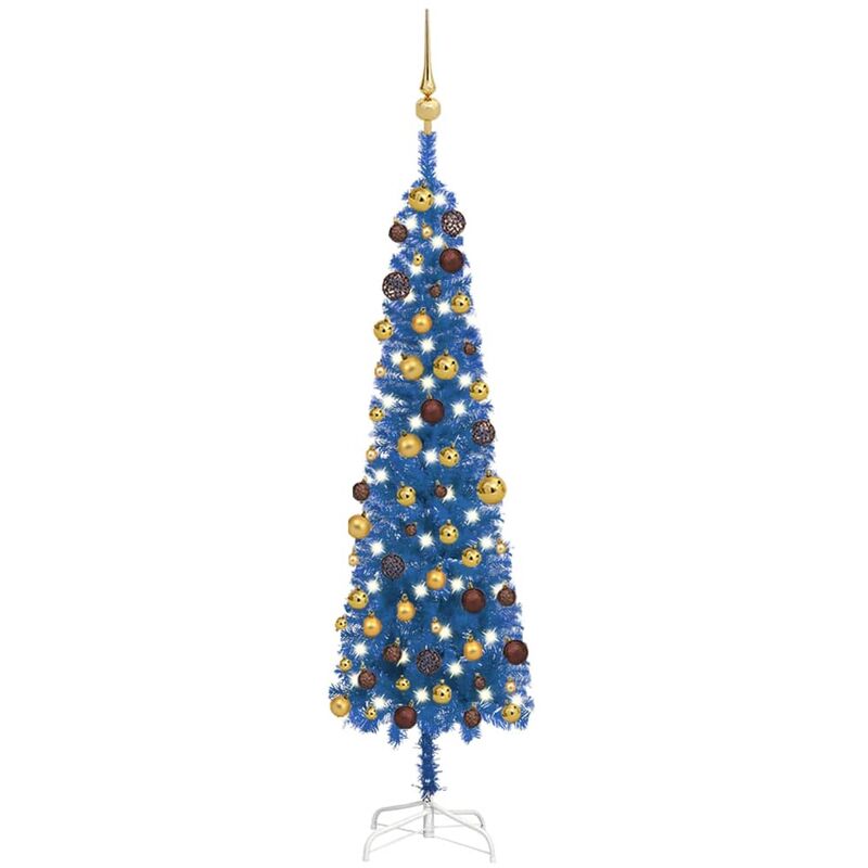 

Árbol de Navidad estrecho con LEDs y bolas azul 150 cm