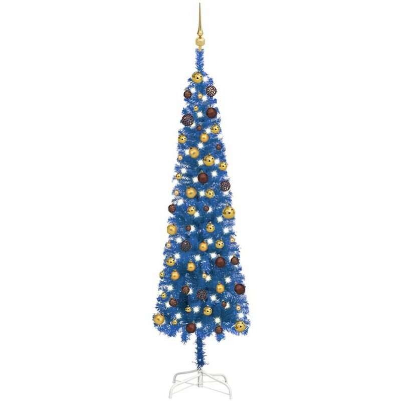 

arbol de Navidad estrecho con LEDs y bolas azul 210 cm