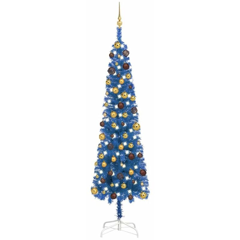 

arbol de Navidad estrecho con LEDs y bolas azul 240 cm