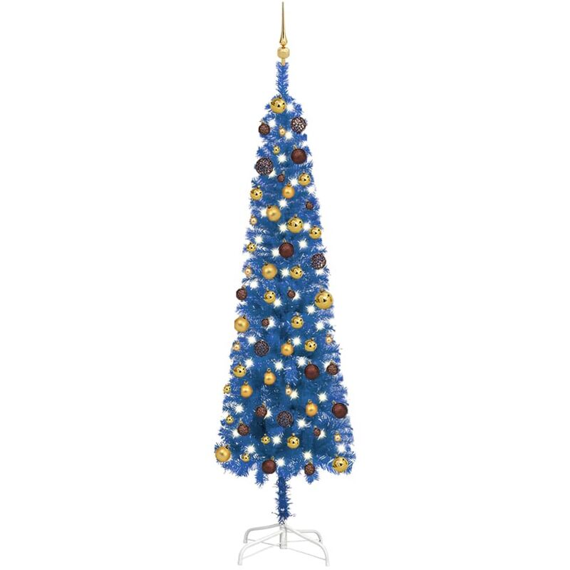 

Árbol de Navidad estrecho con LEDs y bolas azul 240 cm