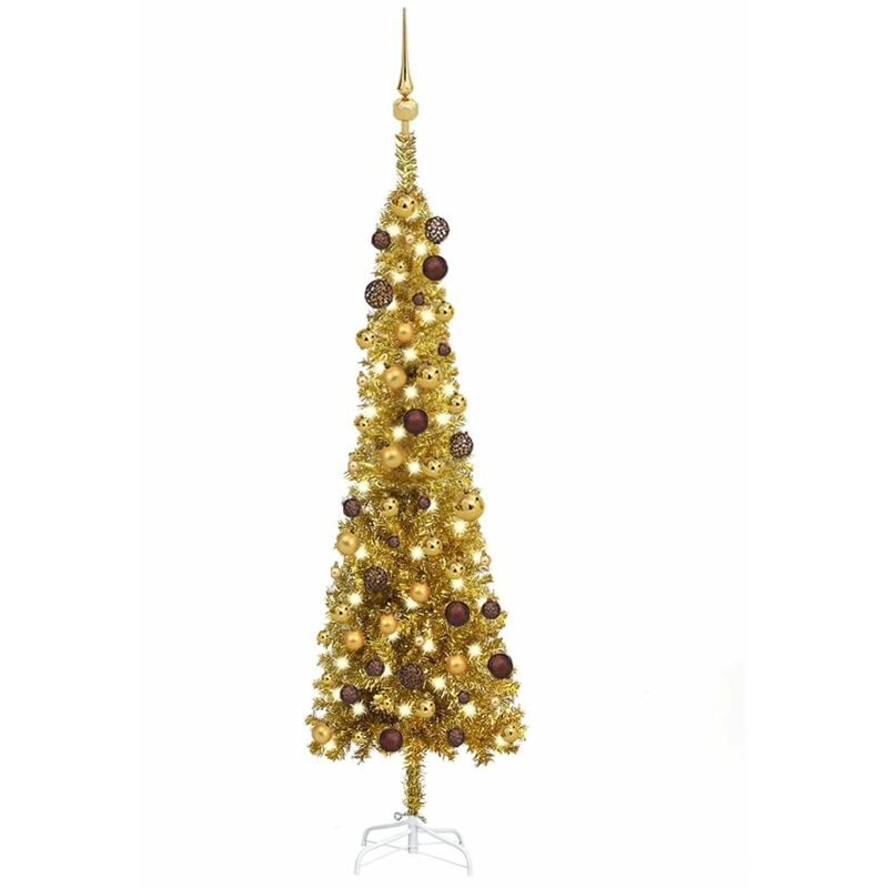 

arbol de Navidad estrecho con LEDs y bolas dorado 150 cm