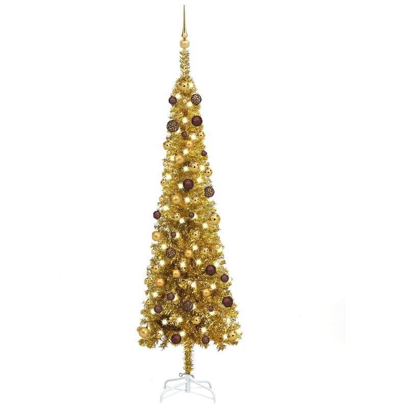 

Árbol de Navidad estrecho con LEDs y bolas dorado 210 cm
