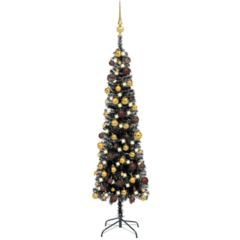 

arbol de Navidad estrecho con LEDs y bolas negro 150 cm