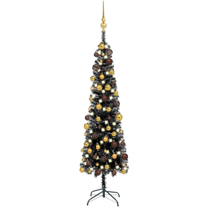 

arbol de Navidad estrecho con LEDs y bolas negro 180 cm