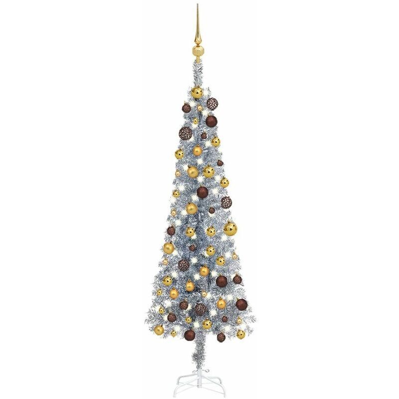 

arbol de Navidad estrecho con LEDs y bolas plateado 120 cm