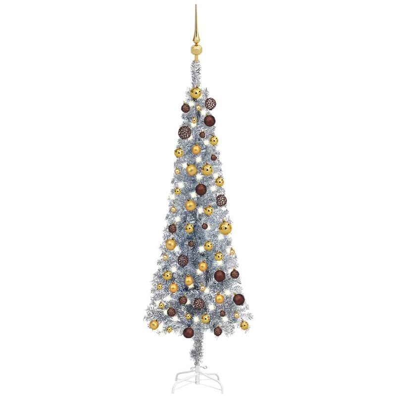 

Árbol de Navidad estrecho con LEDs y bolas plateado 150 cm