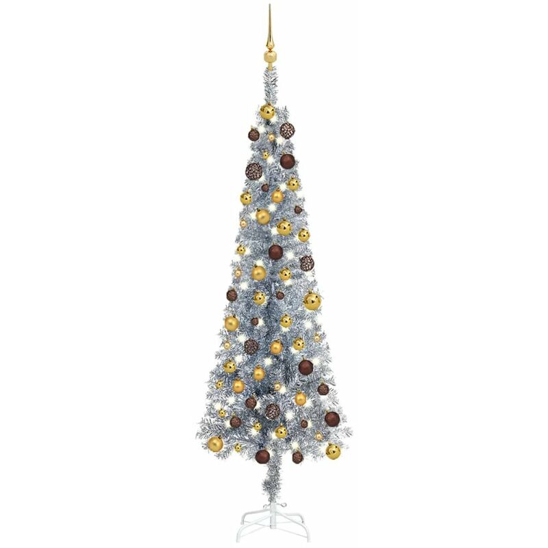 

arbol de Navidad estrecho con LEDs y bolas plateado 180 cm