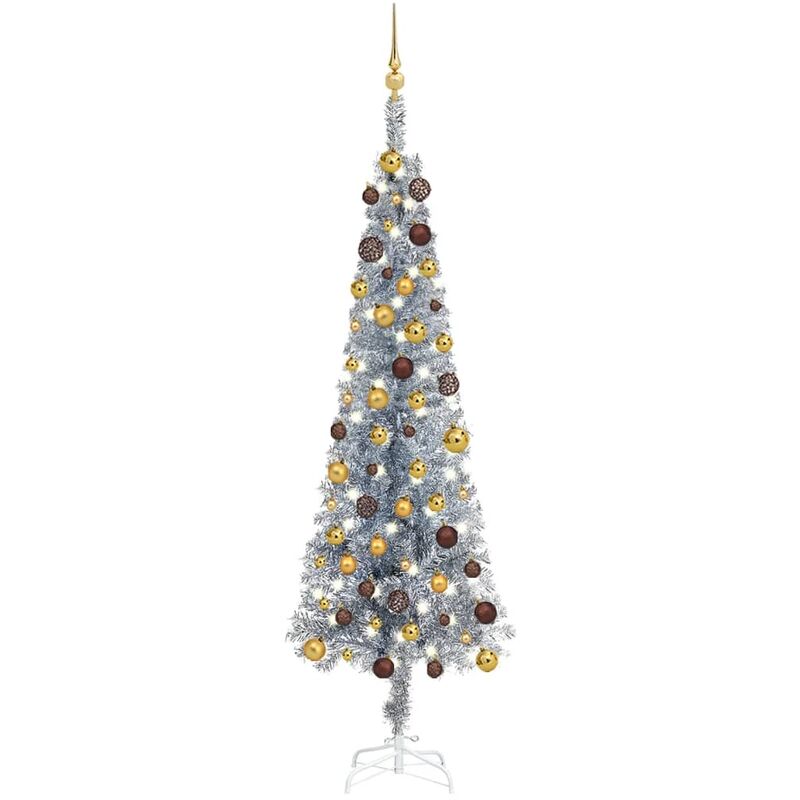 

Árbol de Navidad estrecho con LEDs y bolas plateado 180 cm