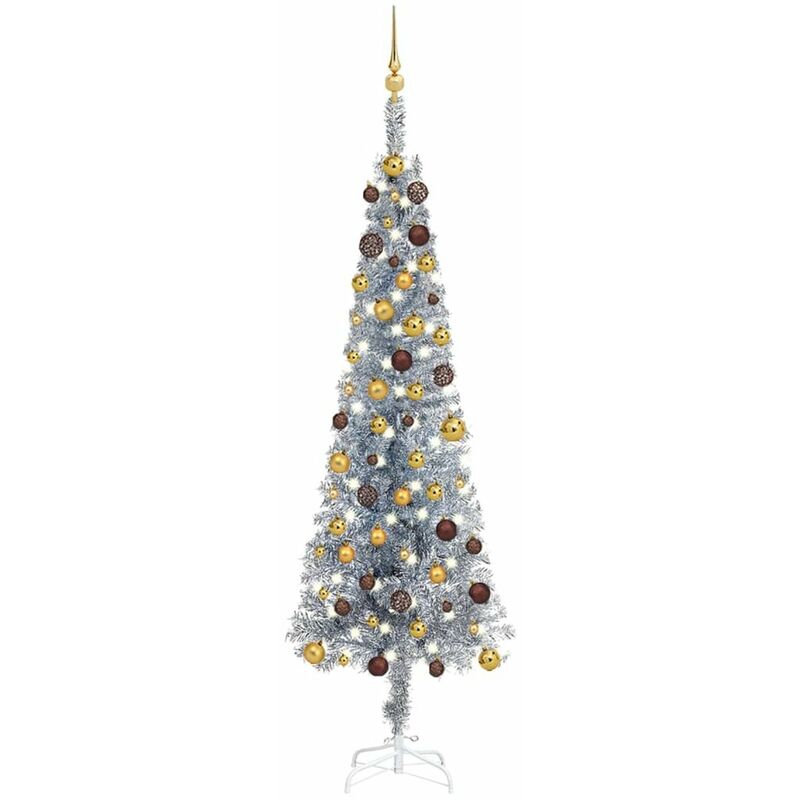 

arbol de Navidad estrecho con LEDs y bolas plateado 210 cm