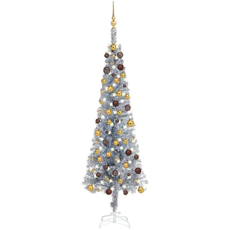 

Árbol de Navidad estrecho con LEDs y bolas plateado 210 cm