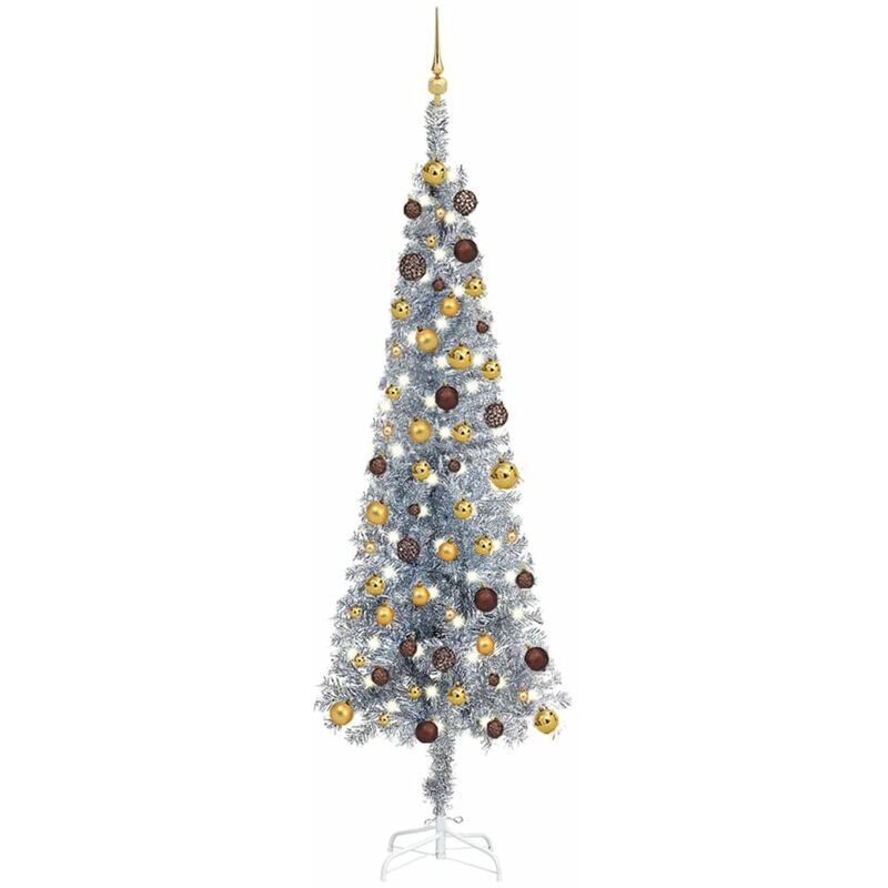 

arbol de Navidad estrecho con LEDs y bolas plateado 240 cm
