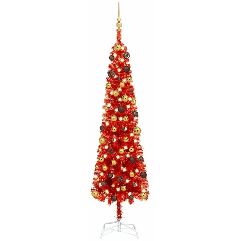 

arbol de Navidad estrecho con LEDs y bolas rojo 180 cm