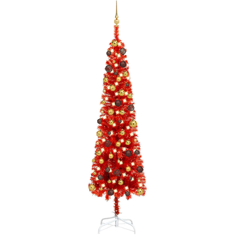 

Árbol de Navidad estrecho con LEDs y bolas rojo 240 cm
