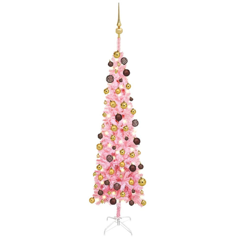 

arbol de Navidad estrecho con LEDs y bolas rosa 120 cm