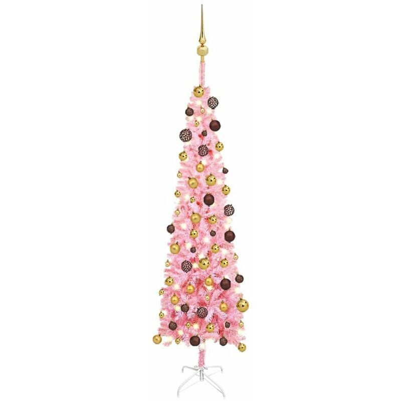 

arbol de Navidad estrecho con LEDs y bolas rosa 150 cm