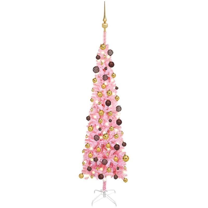 

Árbol de Navidad estrecho con LEDs y bolas rosa 150 cm