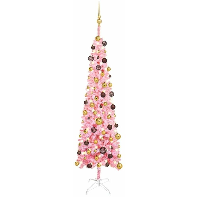 

arbol de Navidad estrecho con LEDs y bolas rosa 180 cm
