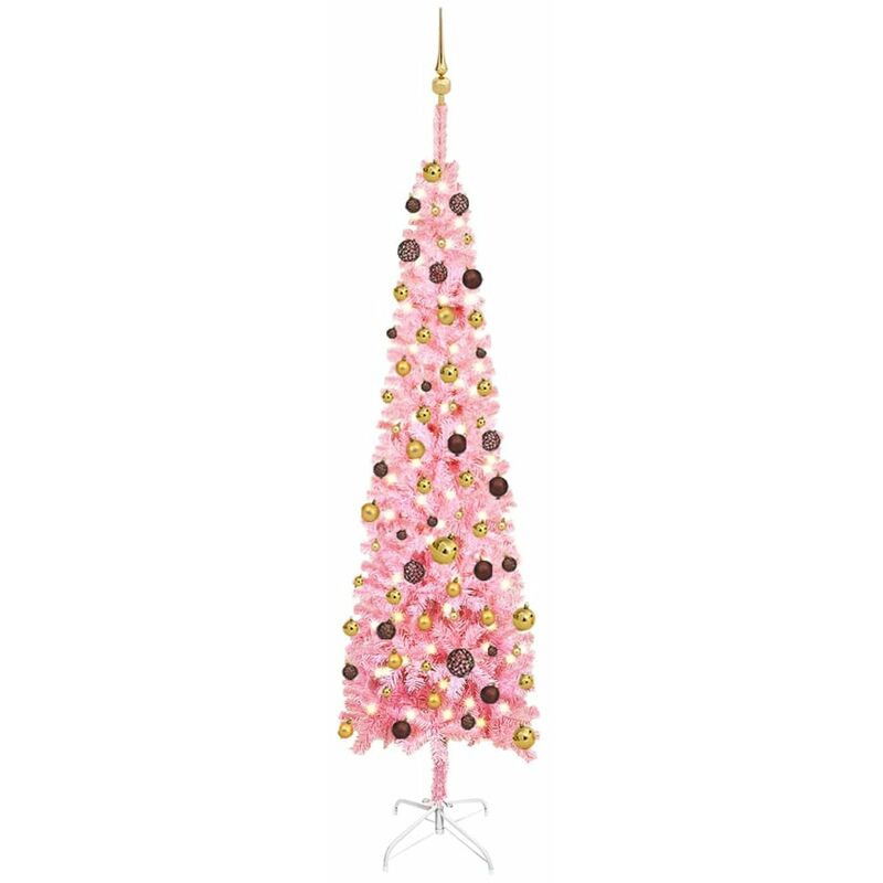

arbol de Navidad estrecho con LEDs y bolas rosa 240 cm