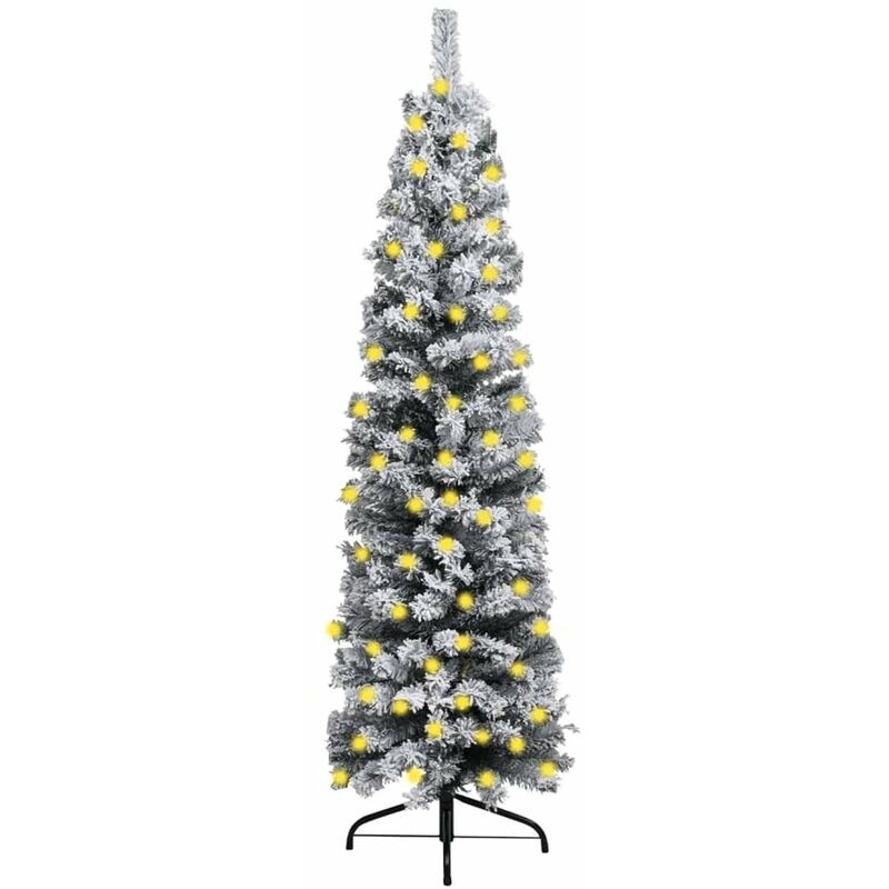 

arbol de Navidad estrecho LED y nieve flocado PVC verde 210 cm