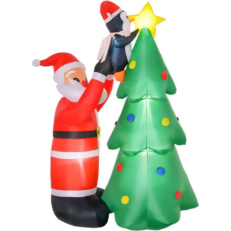 Árbol de Navidad Inflable 184 cm con Luces LED Decoración Navideña Hinchable con Papá Noel y Pingüino para Interiores y Exteriores 123x80x184 cm