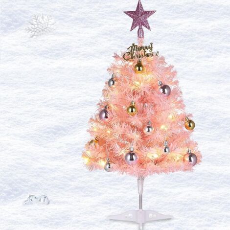 Árbol de Navidad pequeño rosa, mini árbol de Navidad artificial de mesa de 60 cm con luces LED y adornos colgantes, árbol de Navidad de escritorio DIY que funciona con pilas