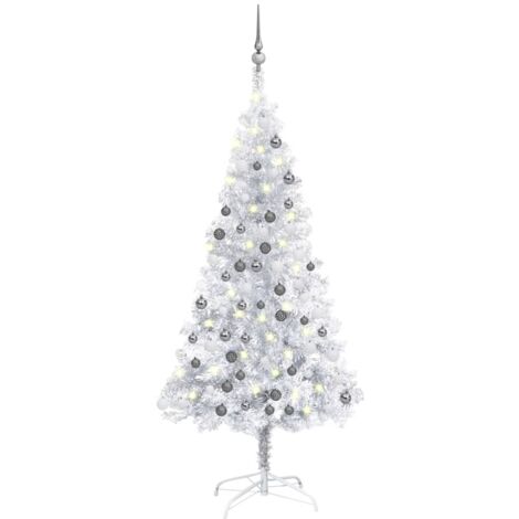 Árbol de Navidad preiluminado con luces y bolas plateado 120 cm vidaXL