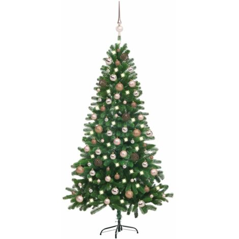 Árbol de Navidad preiluminado con luces y bolas verde 180 cm