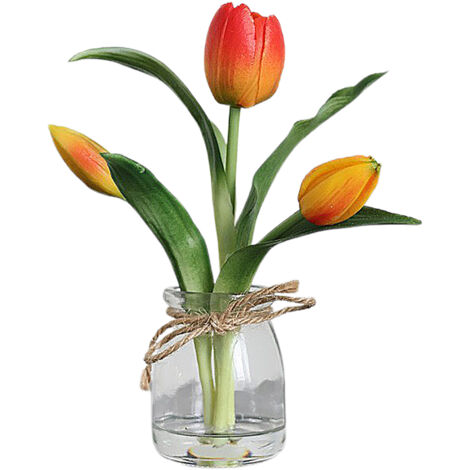 Árbol de tulipanes artificial sobre una elegante base de resina acuática, decoración floral realista para sala de estar y diseño de interiores.