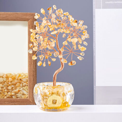 Árbol decorativo de la suerte Feng Shui hecho de cristal artificial, elegante decoración para el hogar y la oficina, símbolo de prosperidad y felicidad, incluye maceta – modelo amarillo, altura 14–17 