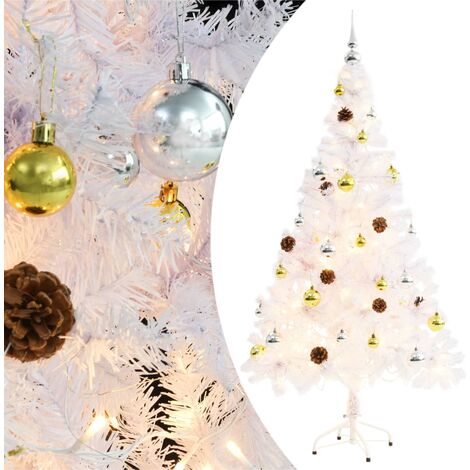 Árbol Navidad artificial decorado bolas luces LED 150 cm blanco