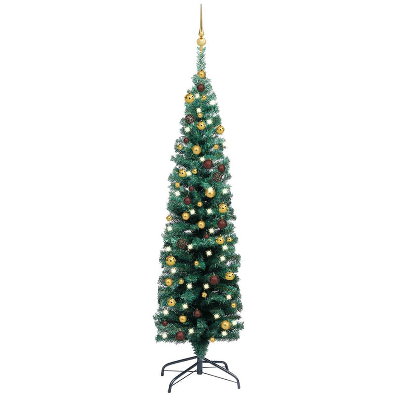 

arbol Navidad artificial estrecho con LED y bolas verde 150 cm