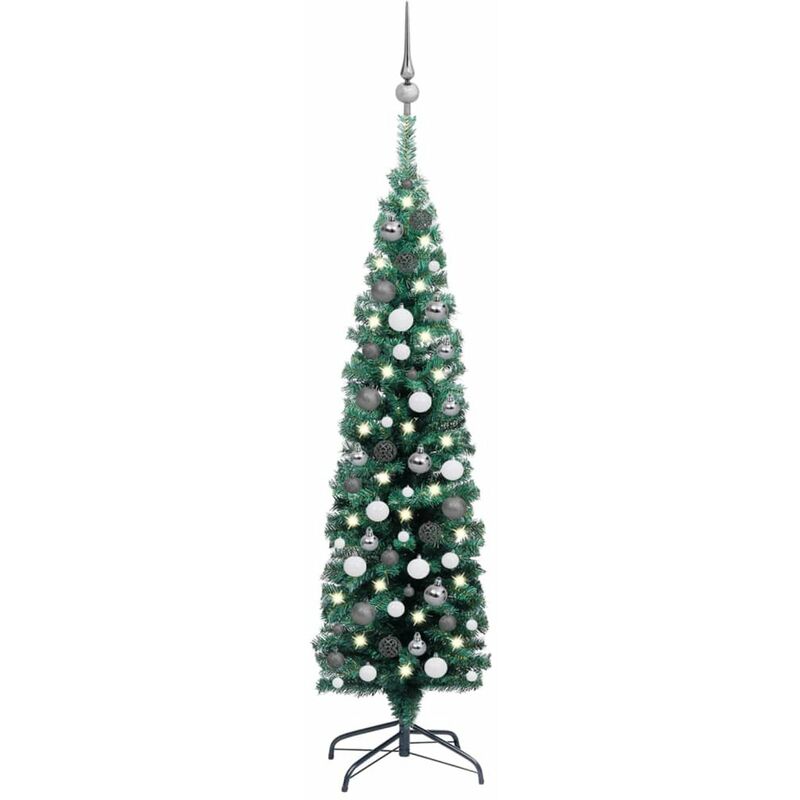 

arbol Navidad artificial estrecho con LED y bolas verde 150 cm