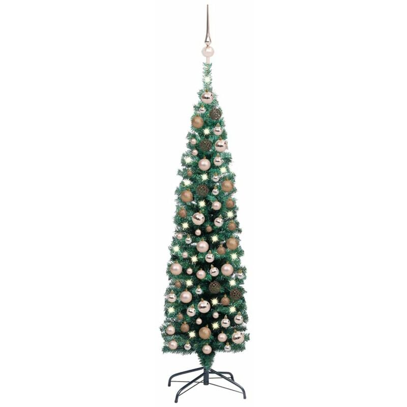 

arbol Navidad artificial estrecho con LED y bolas verde 150 cm