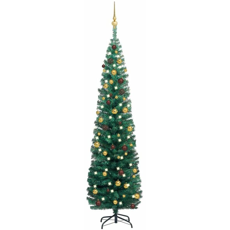 

arbol Navidad artificial estrecho con LED y bolas verde 180 cm
