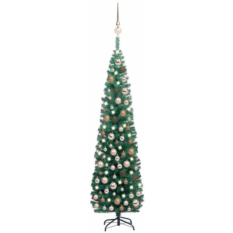 

arbol Navidad artificial estrecho con LED y bolas verde 180 cm